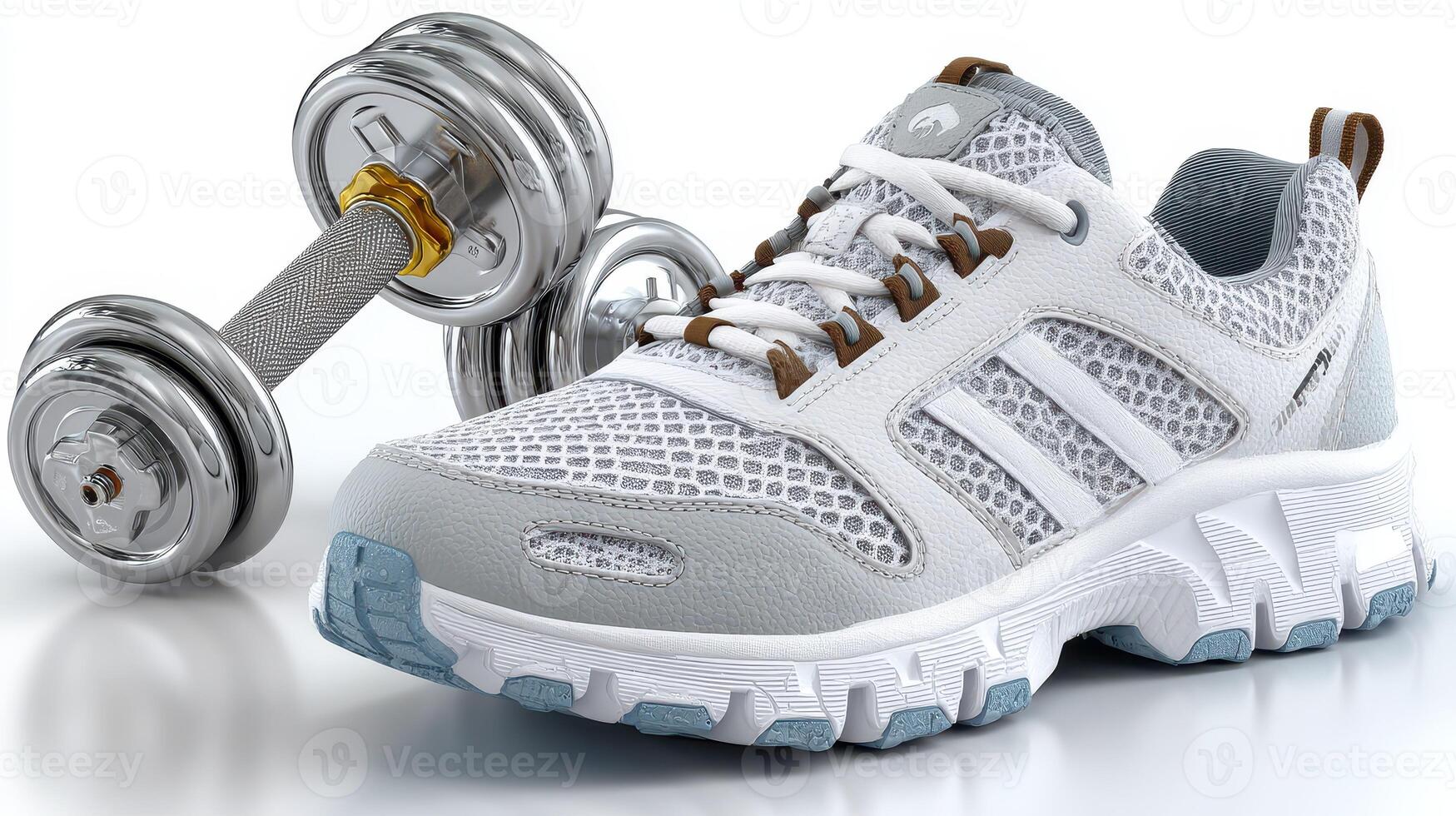 Running shoe and dumbbell placed on a reflective surface in a fitness setting with bright lighting photo