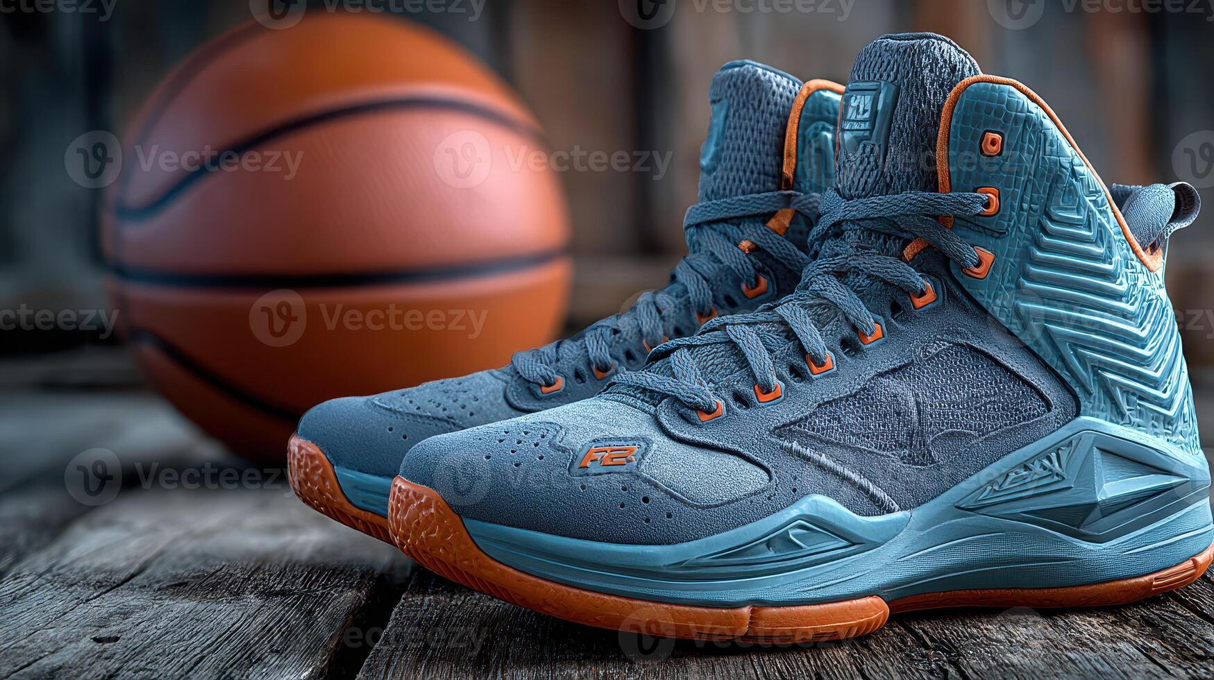 Basketball shoes in focus next to an orange basketball on a rustic wooden surface photo