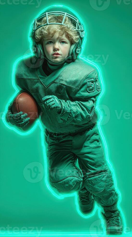 Young football player in gear running with a ball in a dynamic pose in bright green background photo