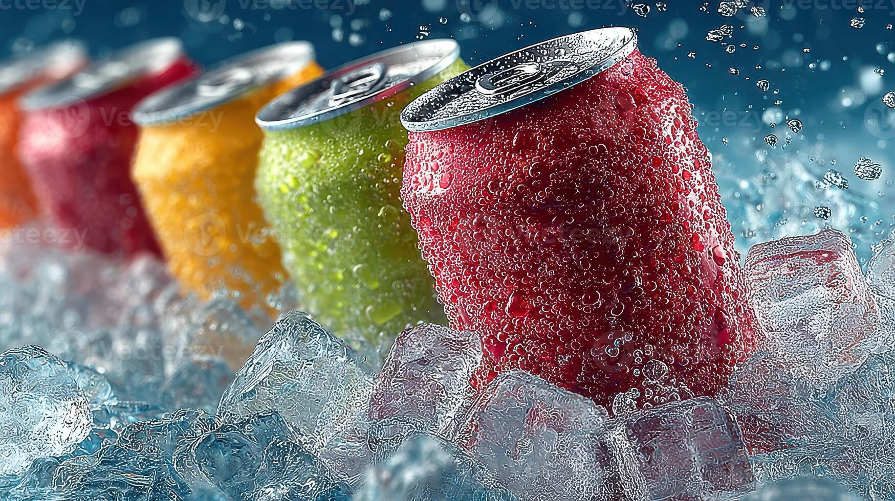 Refreshing soft drinks on ice with droplets capturing summer vibes in a colorful display photo