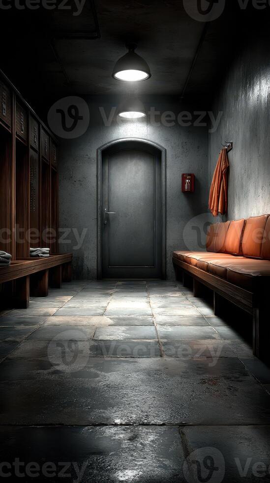 Empty locker room with wooden benches and an industrial door in a dimly lit environment photo