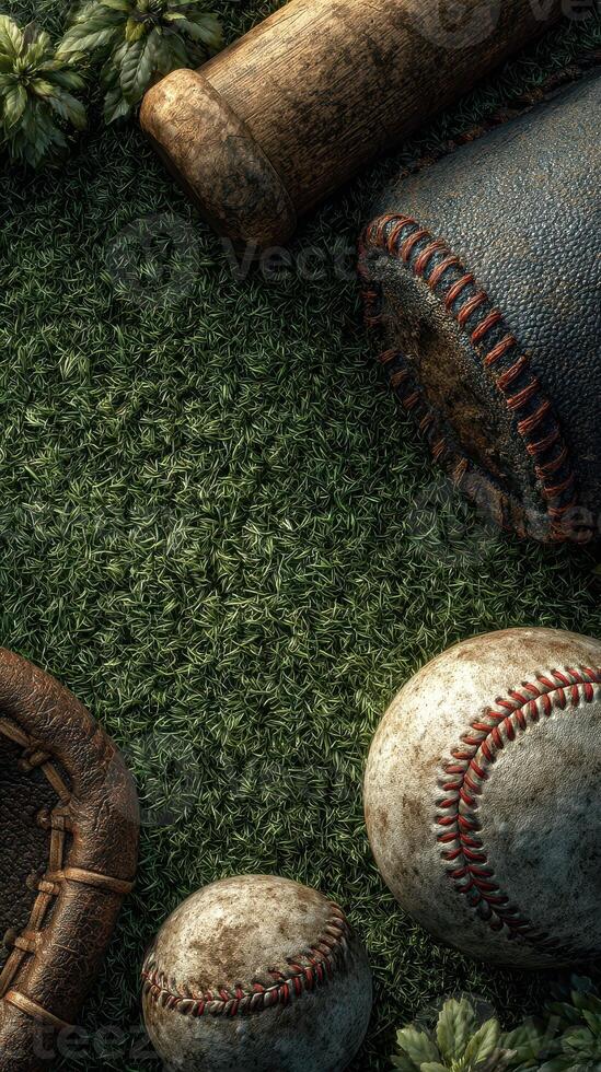 Baseball equipment arranged on green grass with a rustic look during a sunny day photo