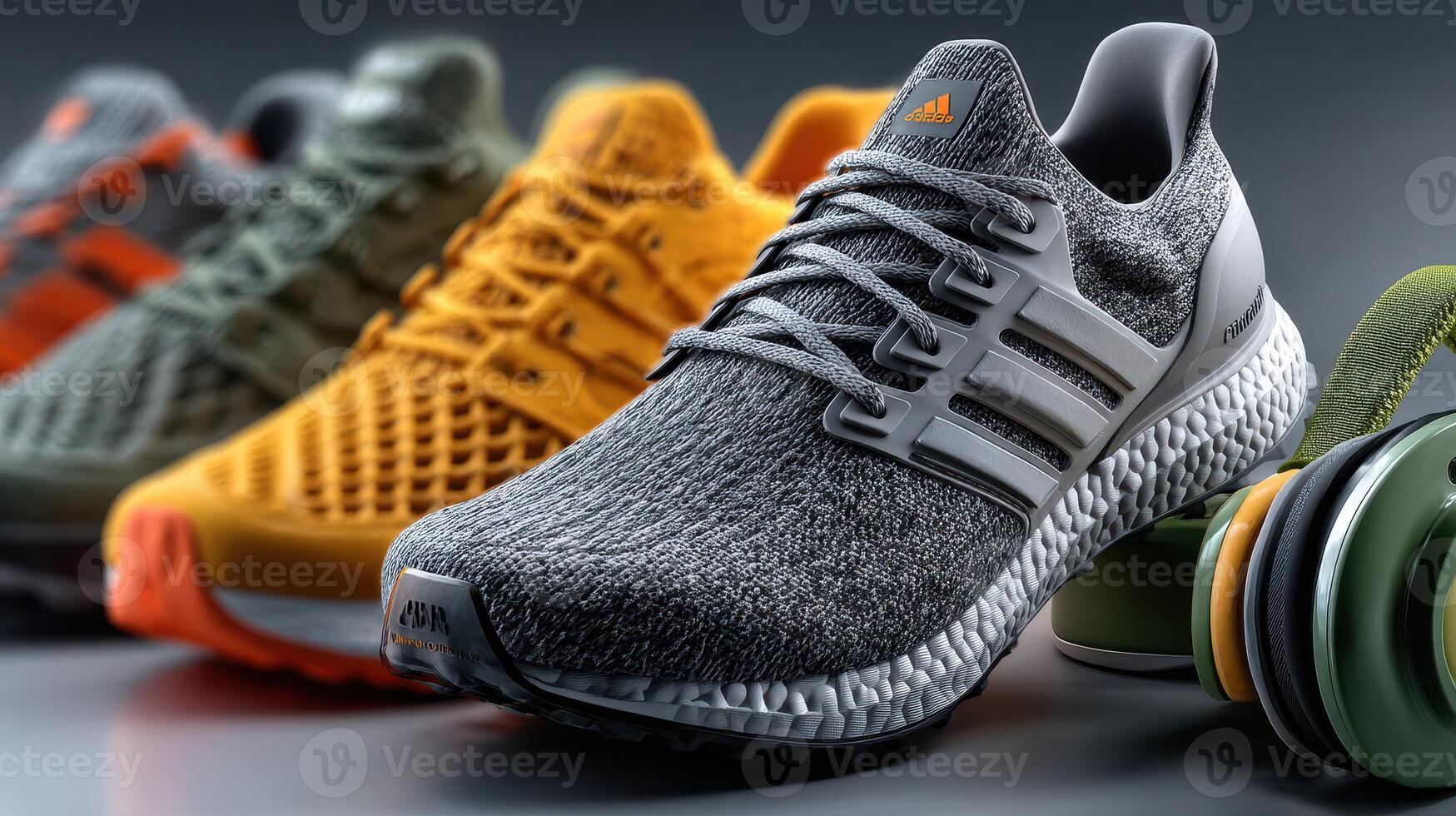 Modern athletic shoes displayed artistically in a bright studio setting showcasing innovative design and vibrant colors photo