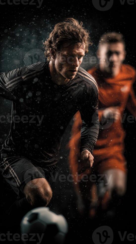 Intense soccer match under dramatic lighting with players in action photo