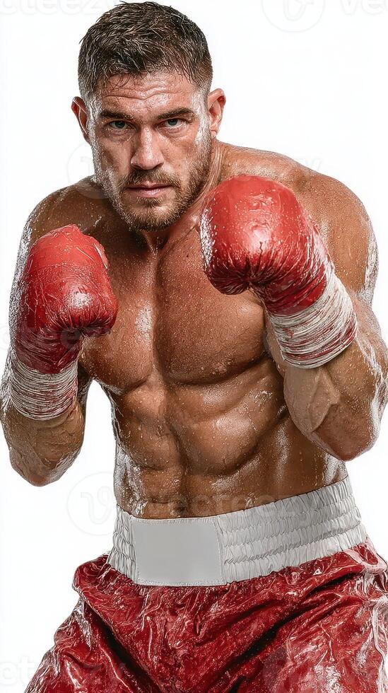 Boxer in red gloves prepares for fight with intense focus and determination in gym setting photo
