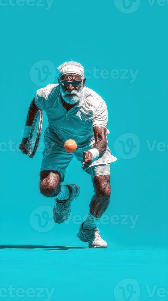 Senior tennis player serves with focused determination against a bright turquoise background photo