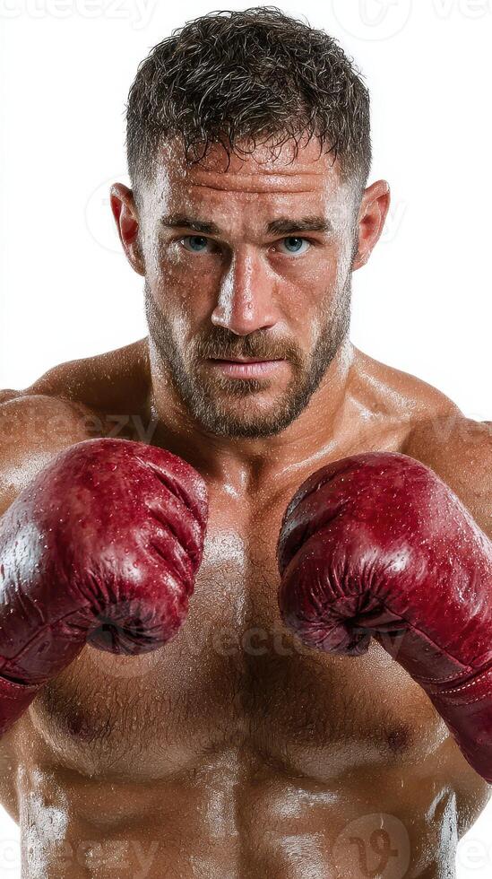 Boxer preparing for a match with a focused expression and glistening skin under bright light photo