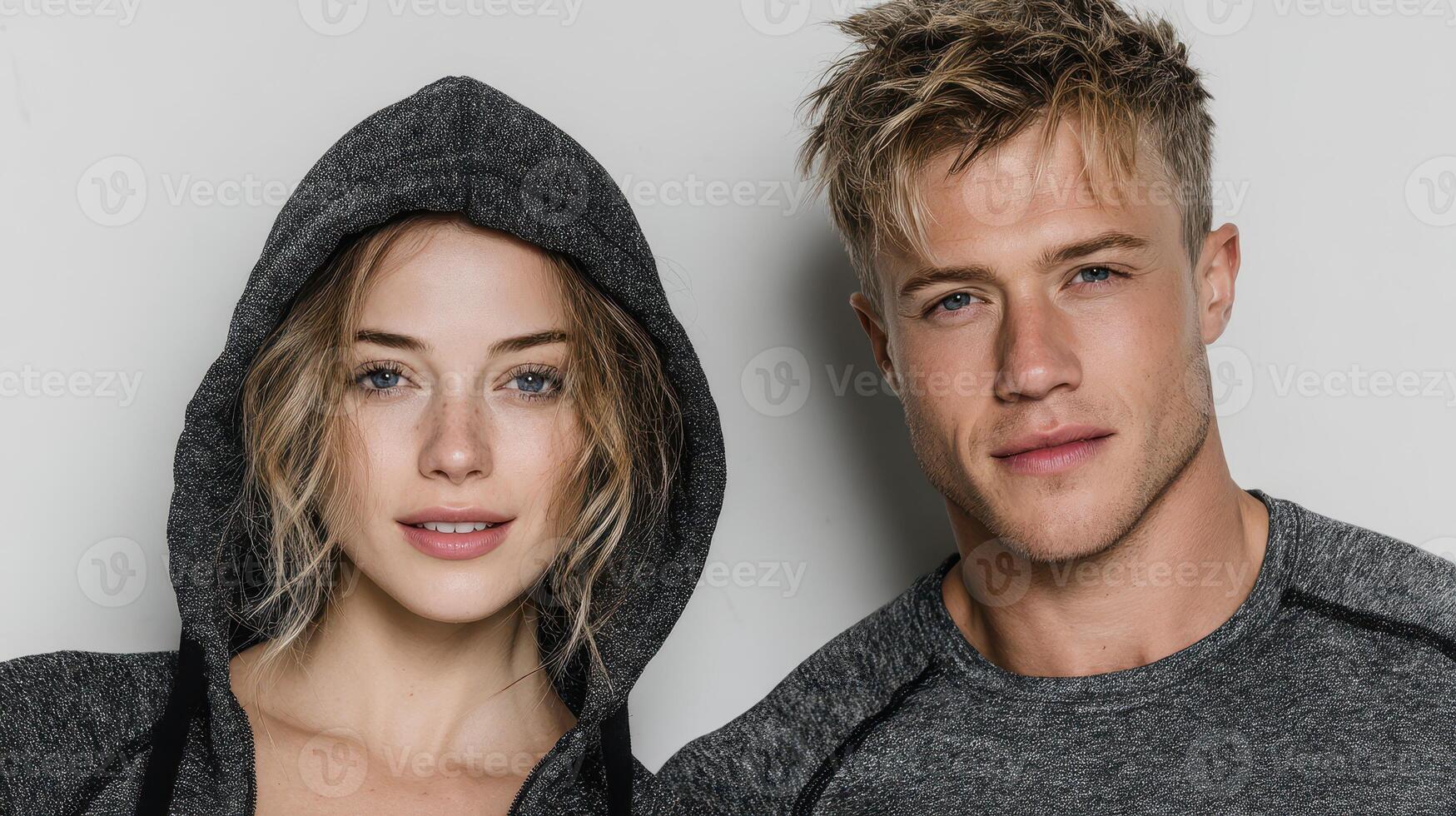 Young adults showcase modern athletic apparel in casual studio setting with confident expressions photo