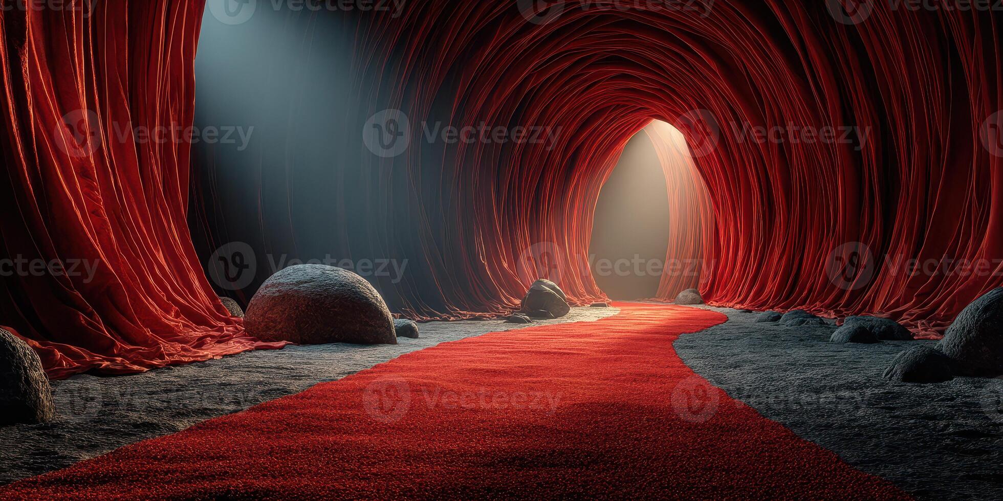 Surreal red tunnel with soft light illuminating the path in an abstract environment photo