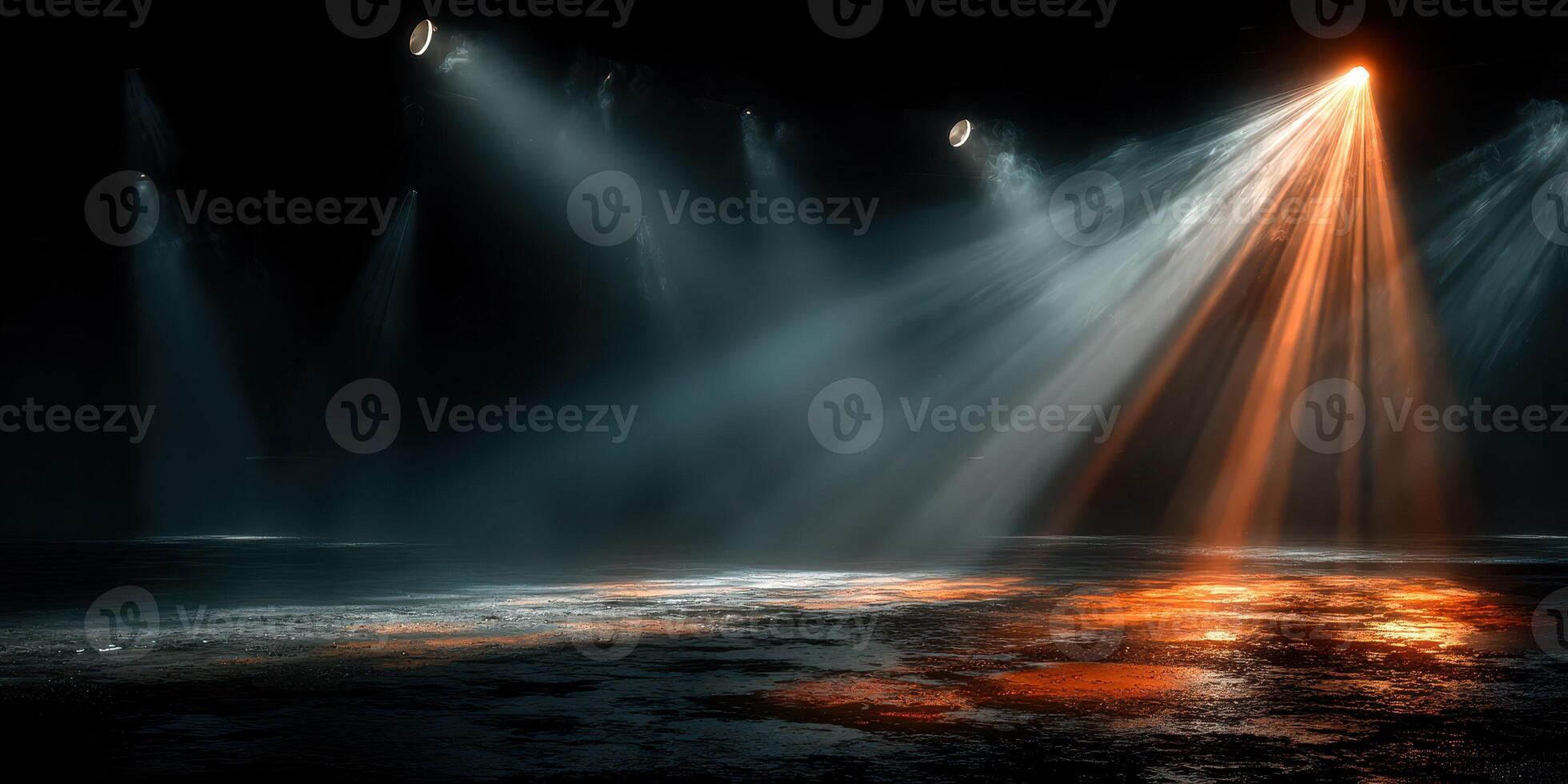 Light beams create a captivating atmosphere in an empty performance space during the early morning hours photo