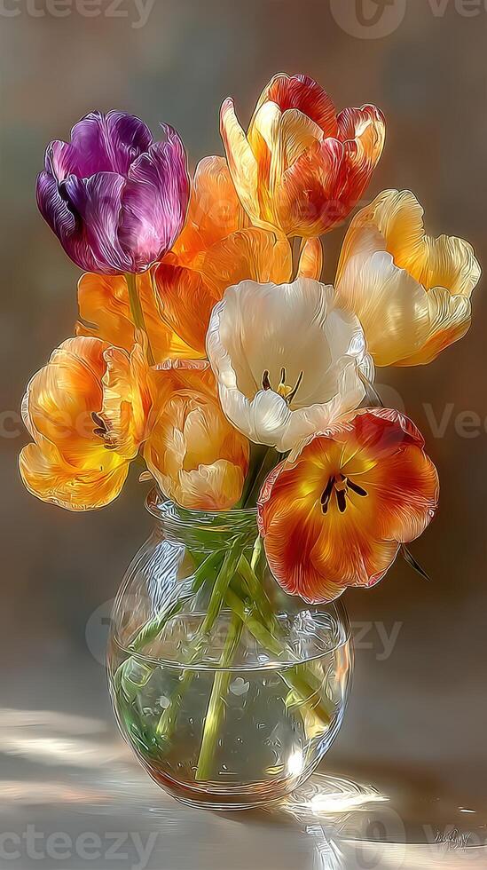 Vibrant bouquet of colorful tulips in a glass vase on a sunny table setting photo