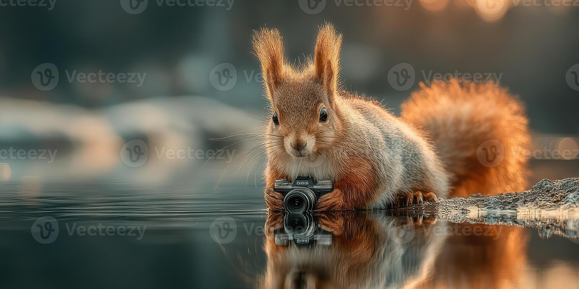 Squirrel with a camera by the water during sunset moments photo