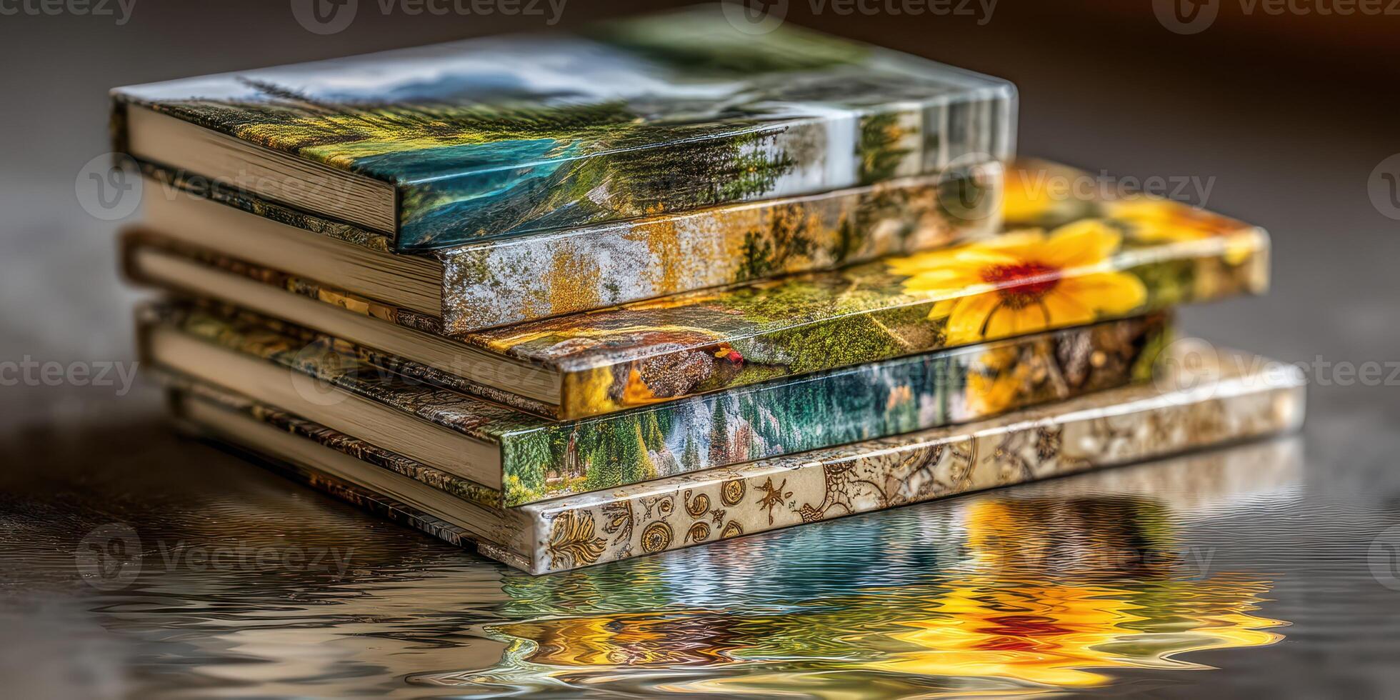 Stacked notebooks with colorful covers reflecting on a shiny surface photo