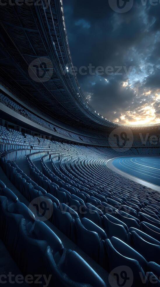 Empty stadium under a dramatic sky at dusk showcasing the curved seating design and track photo