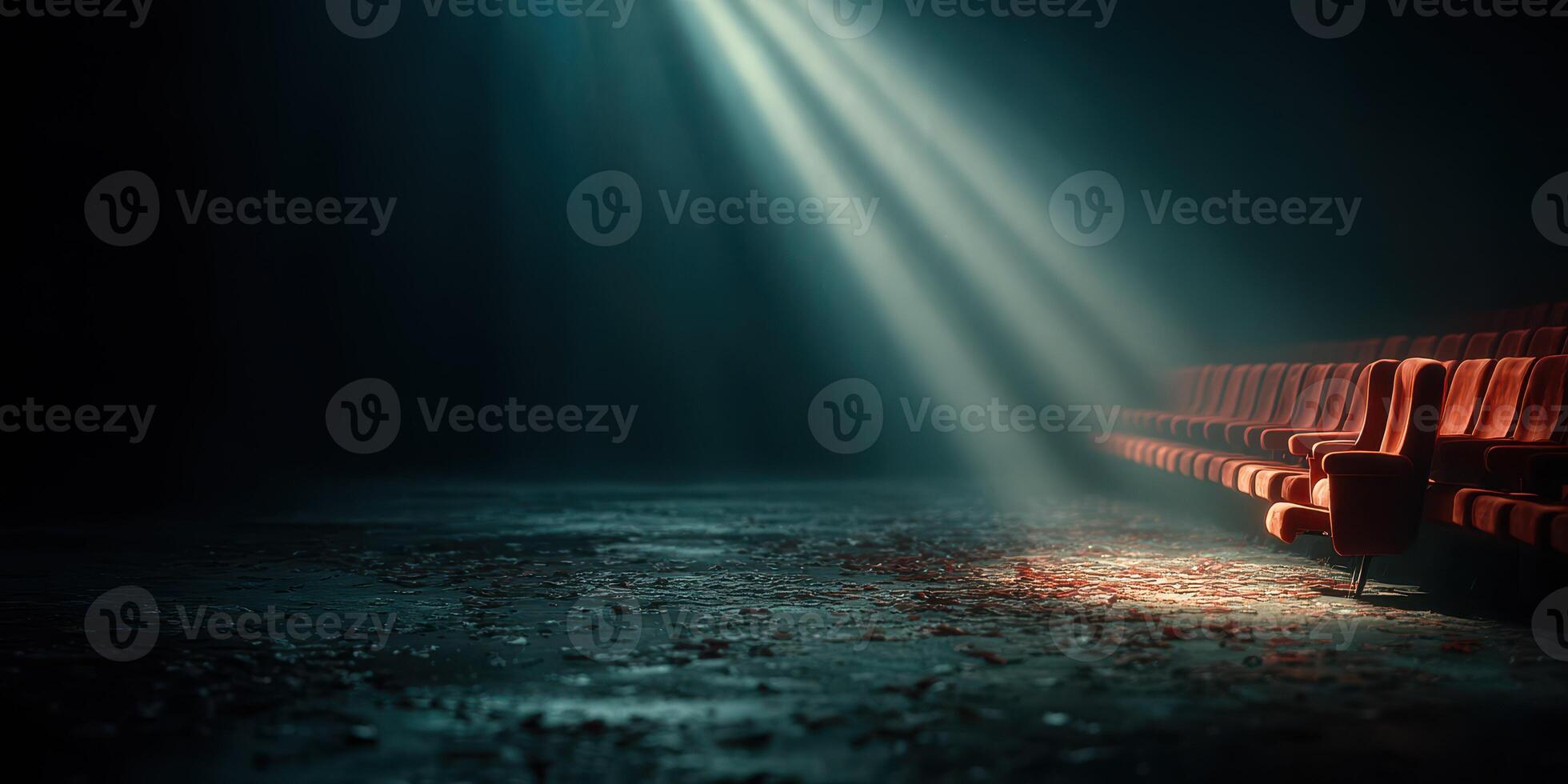 Empty red theater seats illuminated by rays of light in a dimly lit space surrounded by dust and abandoned ambiance photo