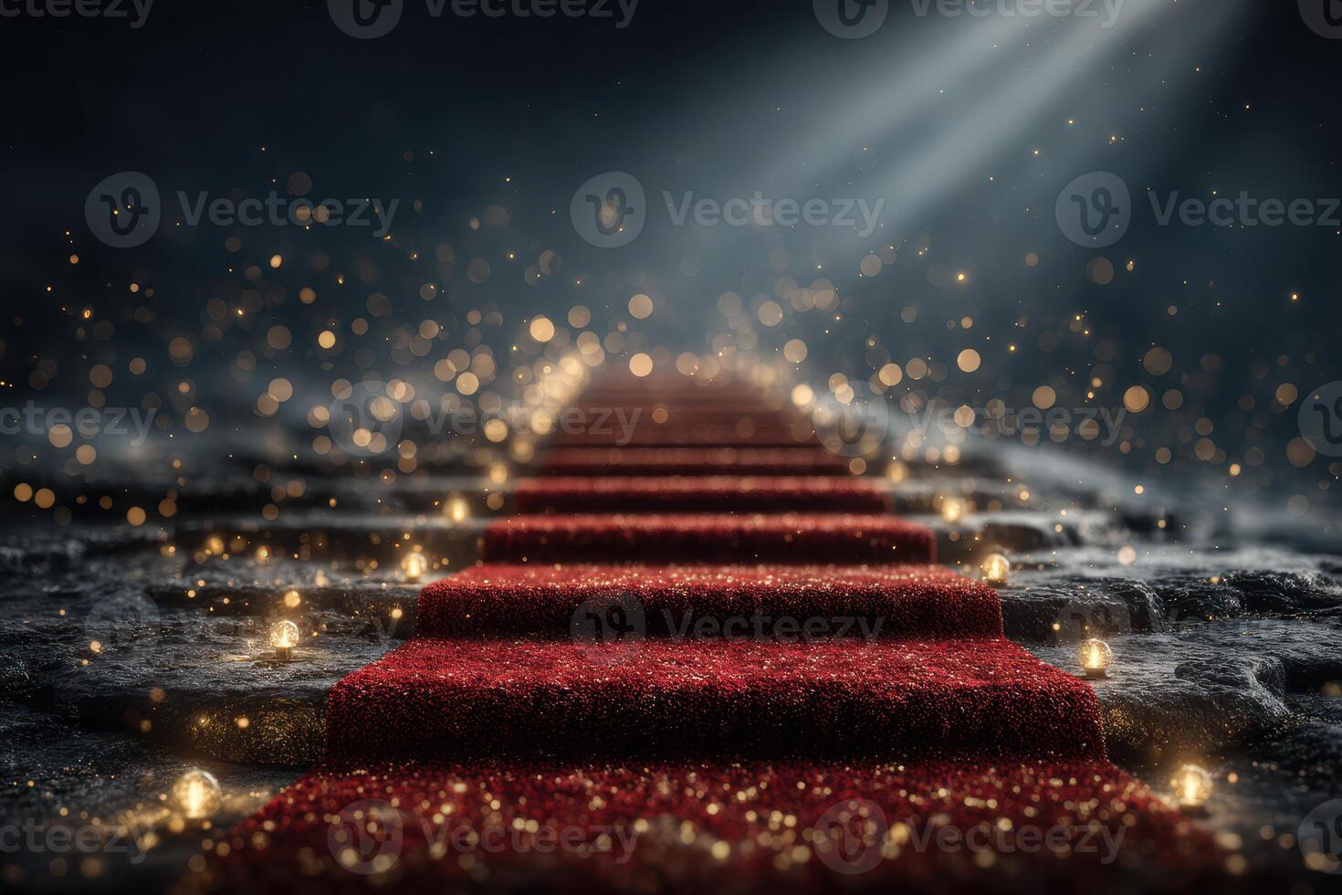 Elegant red carpet leading to a spotlight in a glamorous setting with sparkling lights at a nighttime event photo
