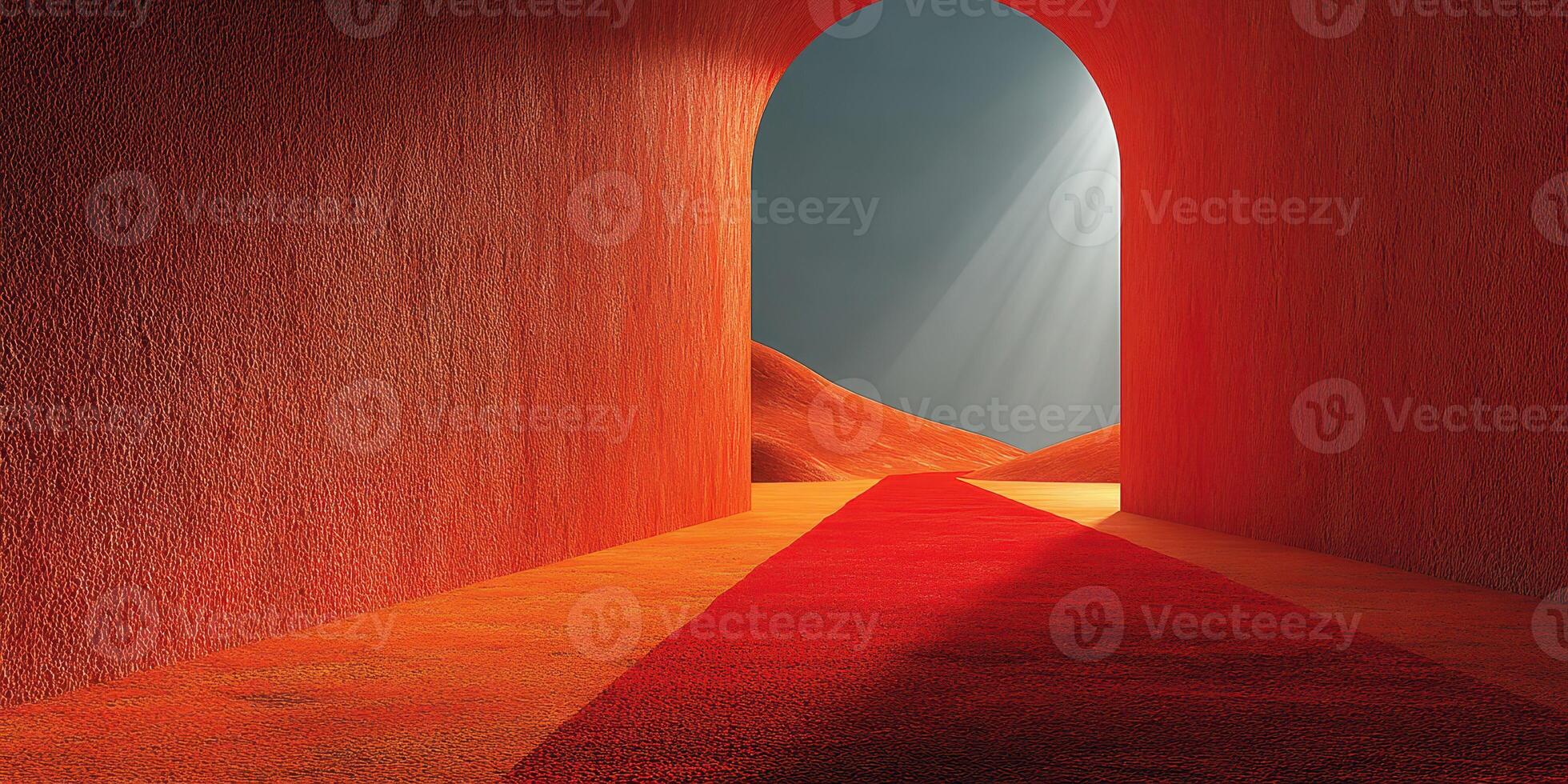 Bright red tunnel leads to desert landscape illuminated by sunlight in surreal artwork photo