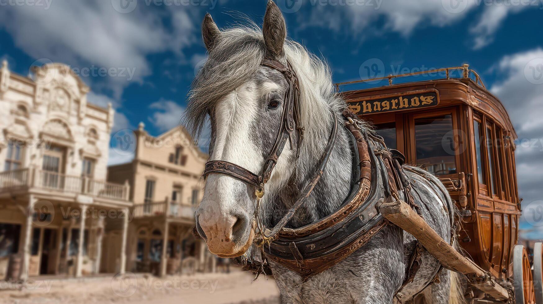 Horse stands next to a vintage carriage in an old western town during a sunny afternoon photo