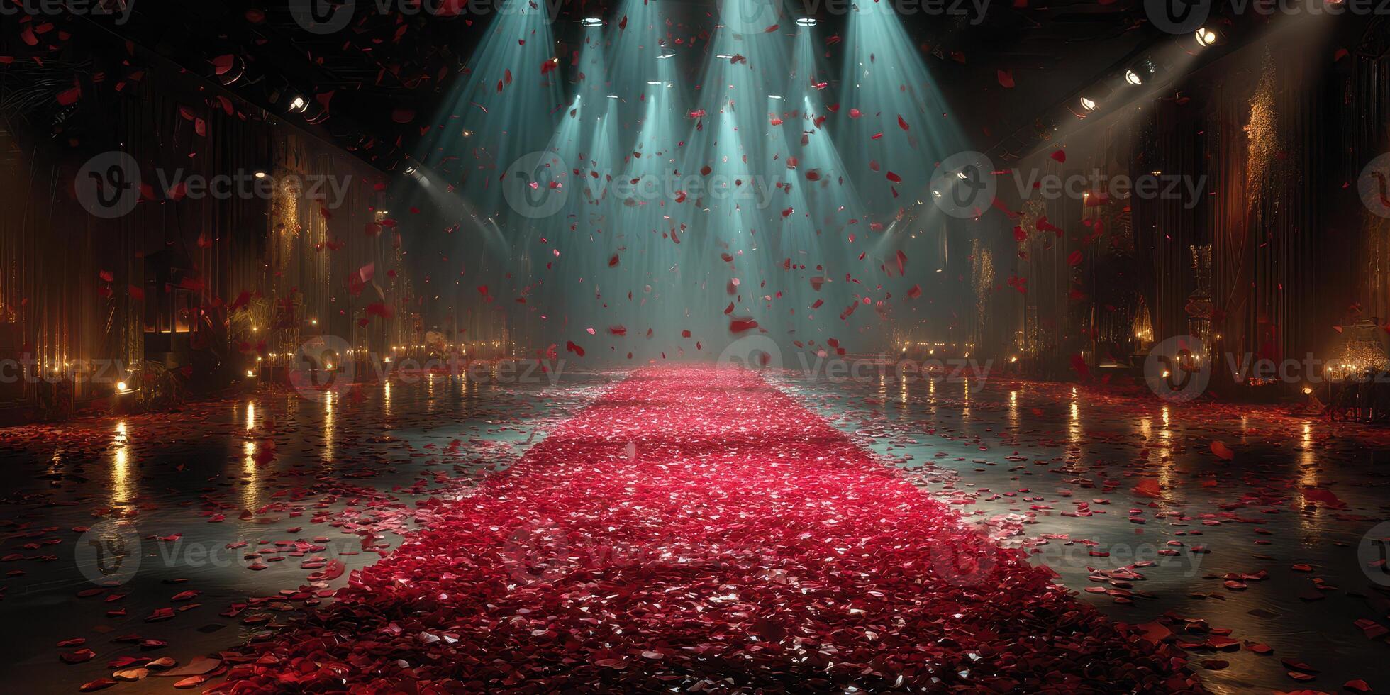 Elegant runway adorned with rose petals set for a glamorous fashion event in a well-lit venue with dramatic lighting photo