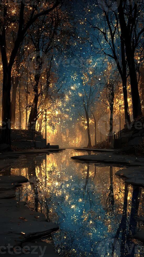 Serene autumn landscape at twilight with glowing trees reflecting in calm water photo