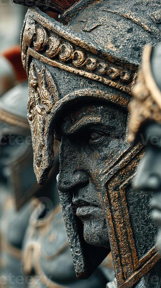 Detailed sculpture of ancient warriors in a gallery highlighting craftsmanship and historical themes photo