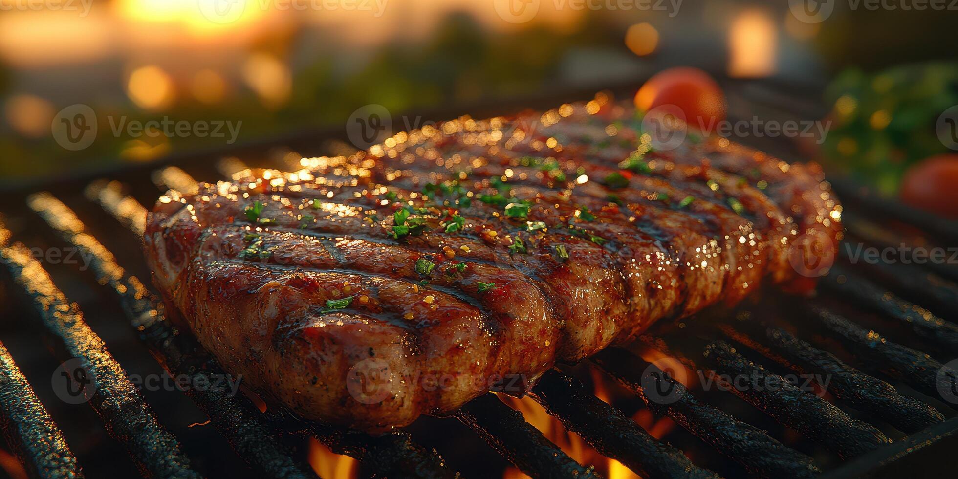Grilling steak with herbs and spices at sunset near a vibrant outdoor garden setting photo