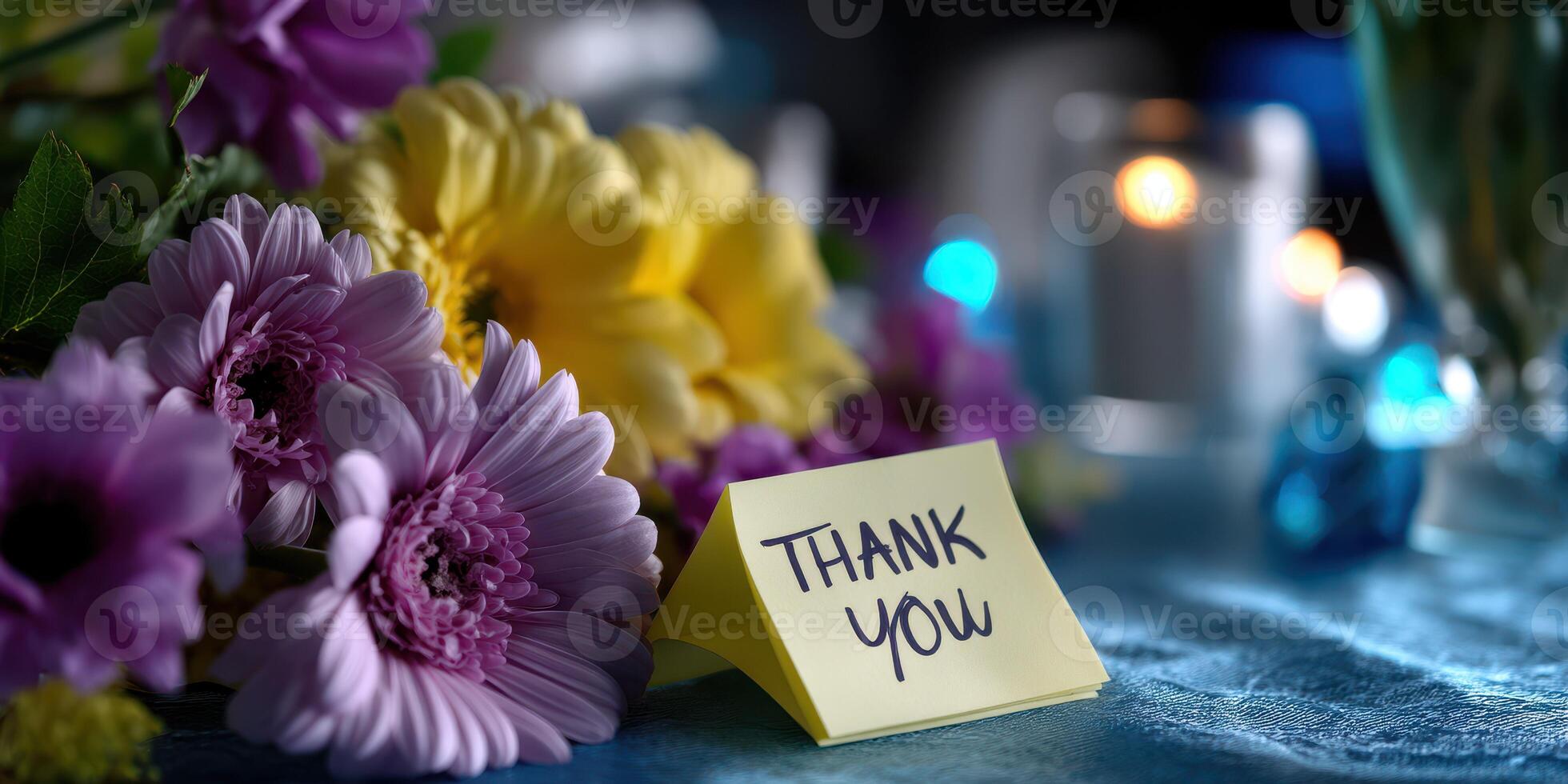 Beautiful arrangement of purple and yellow flowers with a heartfelt thank you note on a vibrant table setting photo