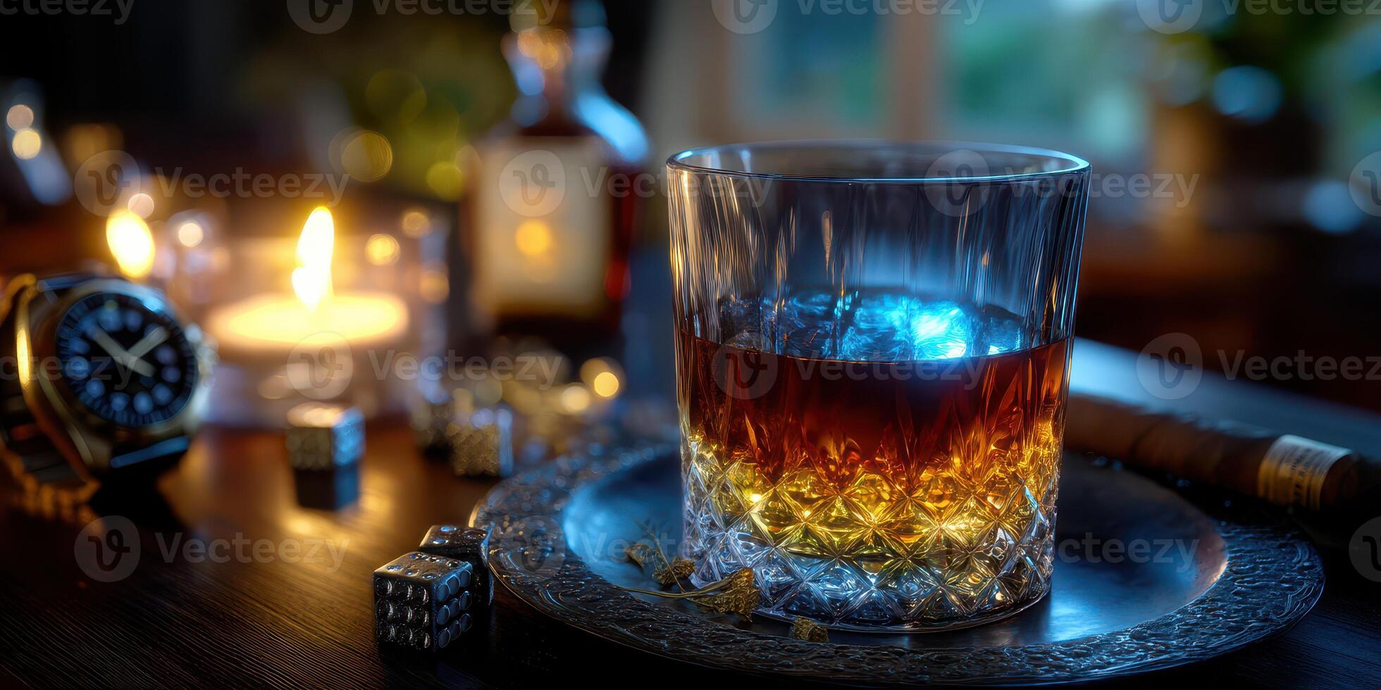 Elegant whiskey glass with amber liquid and glowing ambiance during an evening indoors photo
