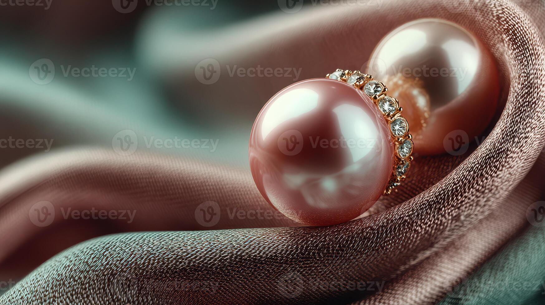 Elegant pink pearls resting on a soft fabric in a dimly lit setting, showcasing timeless beauty and luxury photo