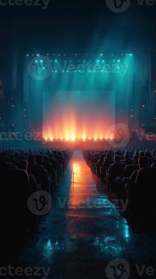 Bright stage lights illuminate an empty theater filled with eager audience members before a performance begins photo