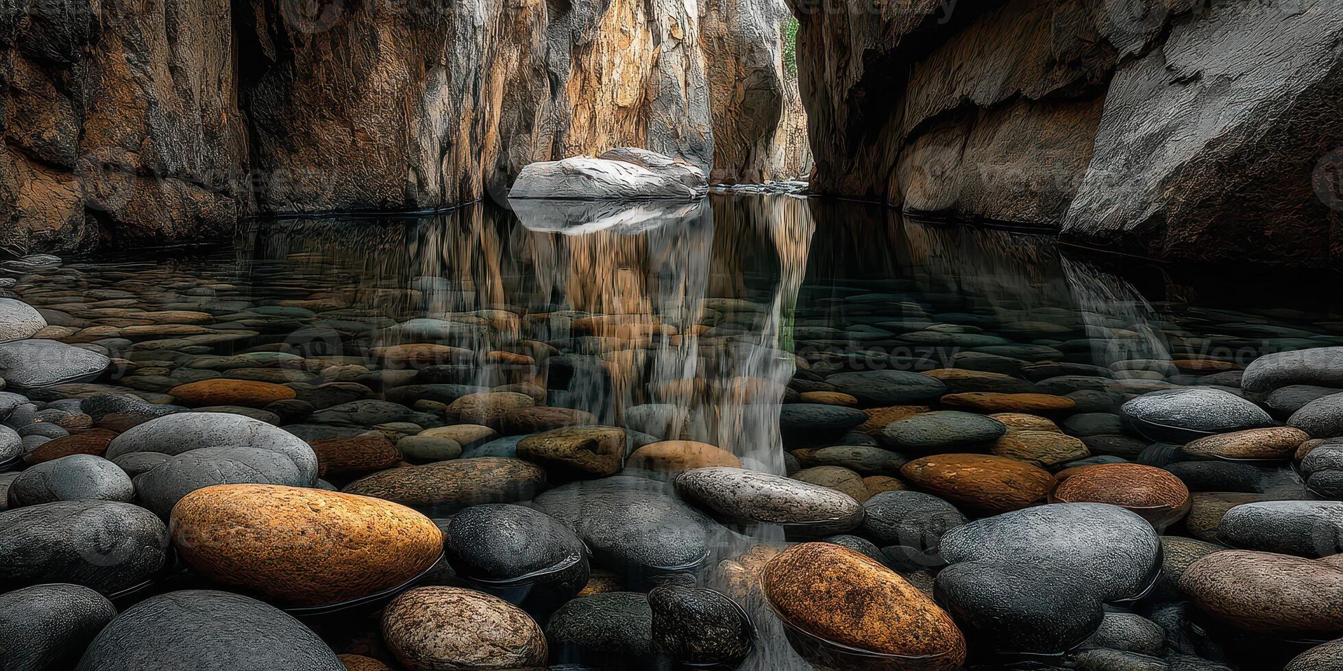 Tranquil waters reflect surrounding rocky walls in a secluded canyon at dusk photo