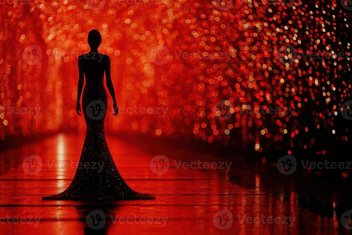 Fashion model walks on runway surrounded by vibrant red lights during a glamorous event in a stylish venue photo