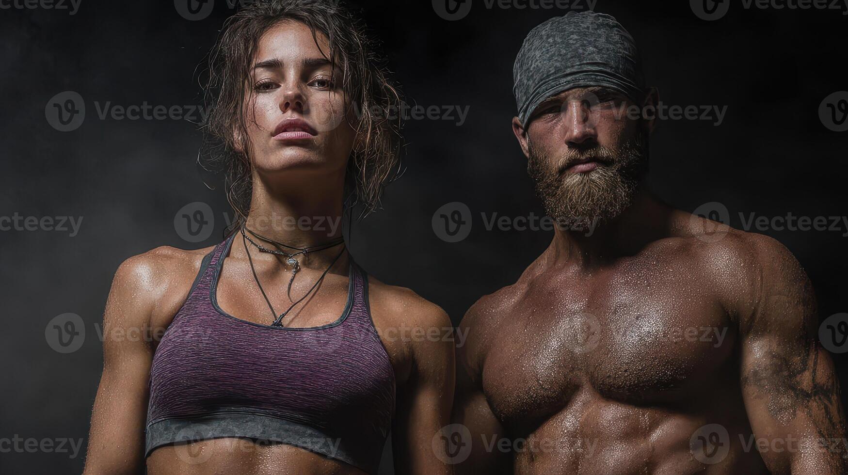 Fit couple poses confidently in a gym setting showcasing strength and determination during an intense workout session photo