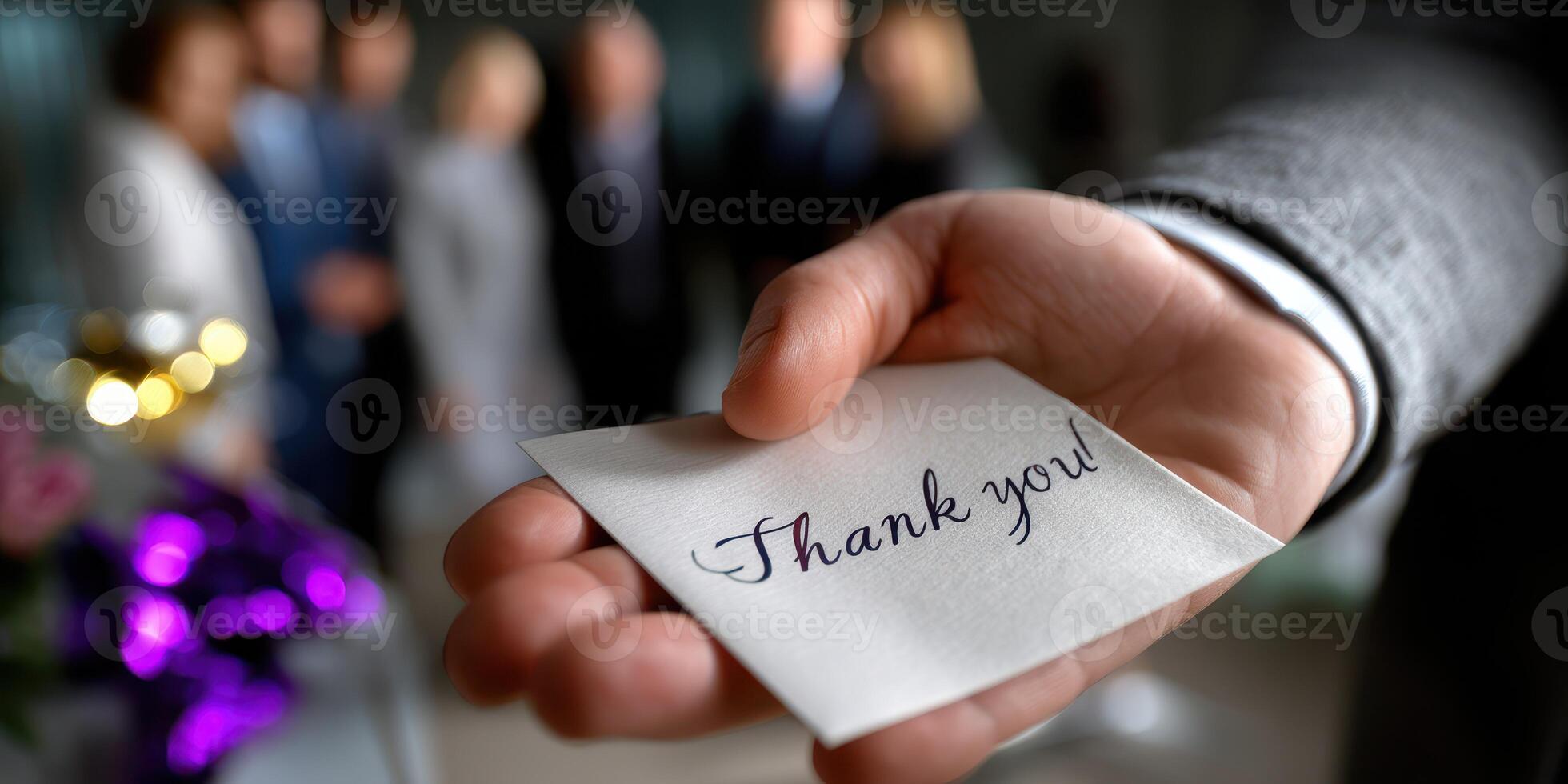 Hand holding a thank you note at a gathering during an indoor celebration with guests in the background photo