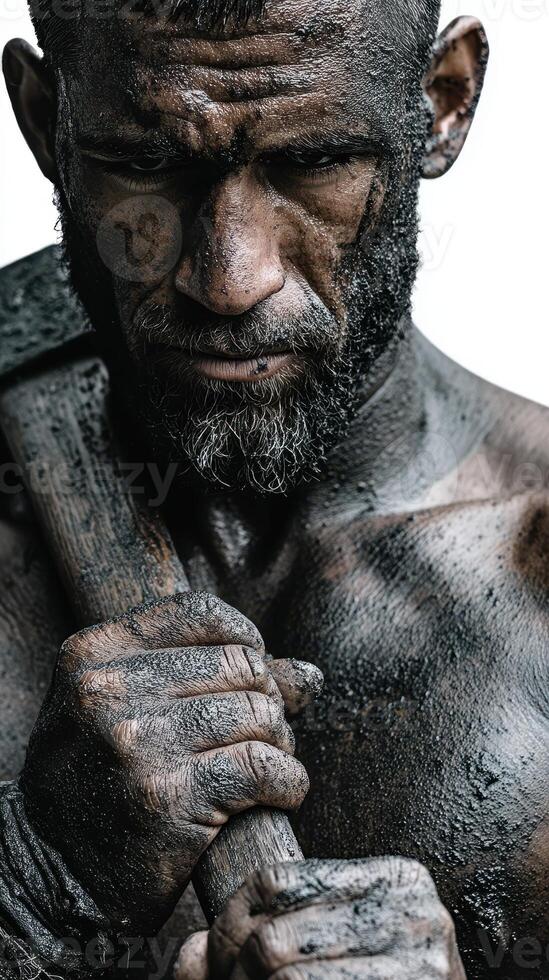 Portrait of a strong man with a battle axe, showcasing determination and strength in a dramatic black and white setting photo