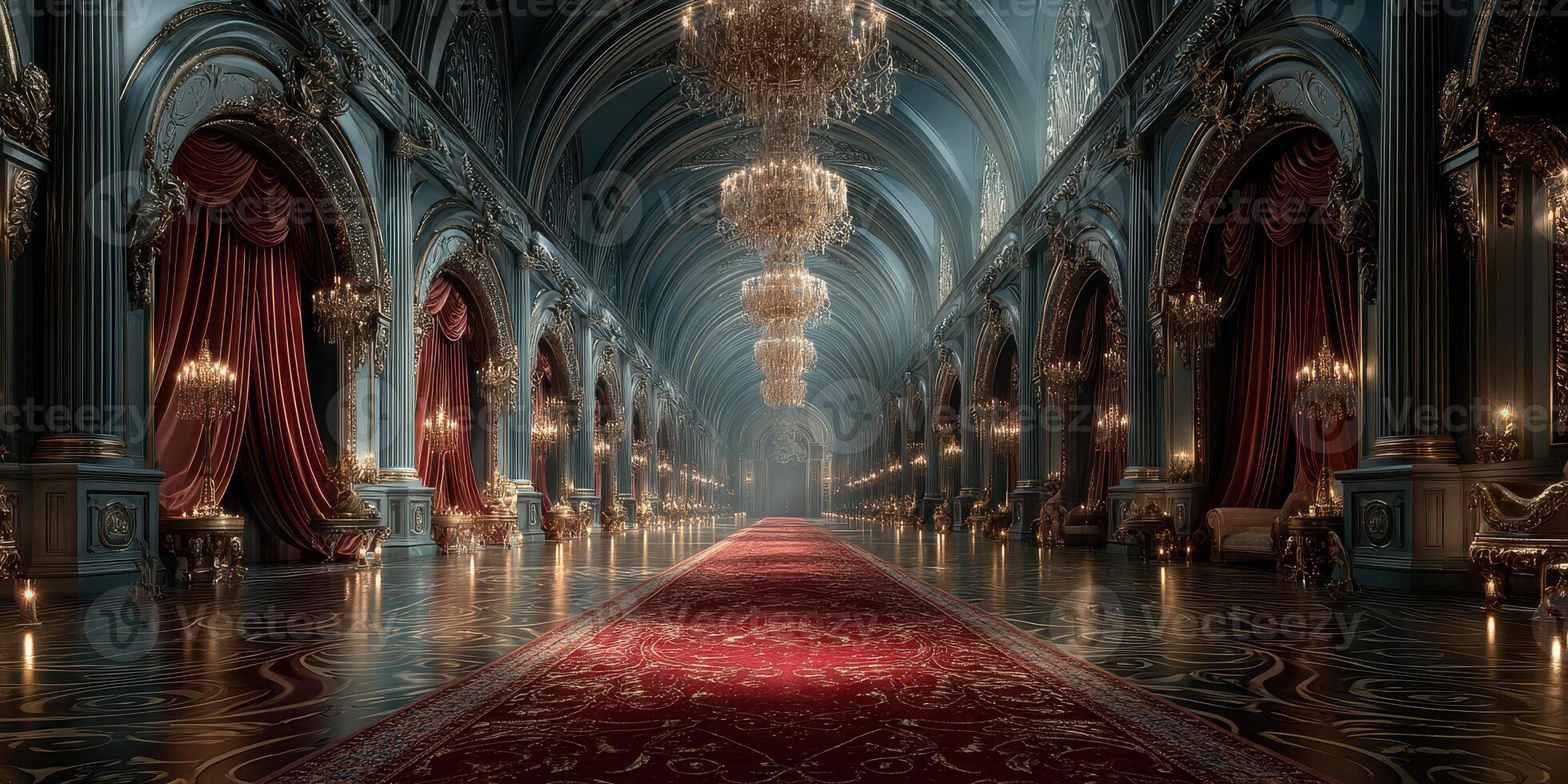 Magnificent grand hall with chandeliers and rich decor creating an elegant atmosphere in a historical building photo