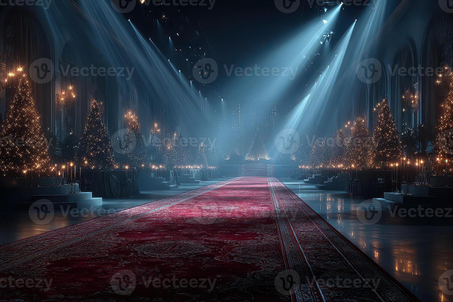Elegant Christmas hall adorned with glowing trees and festive lights during a winter celebration at night photo