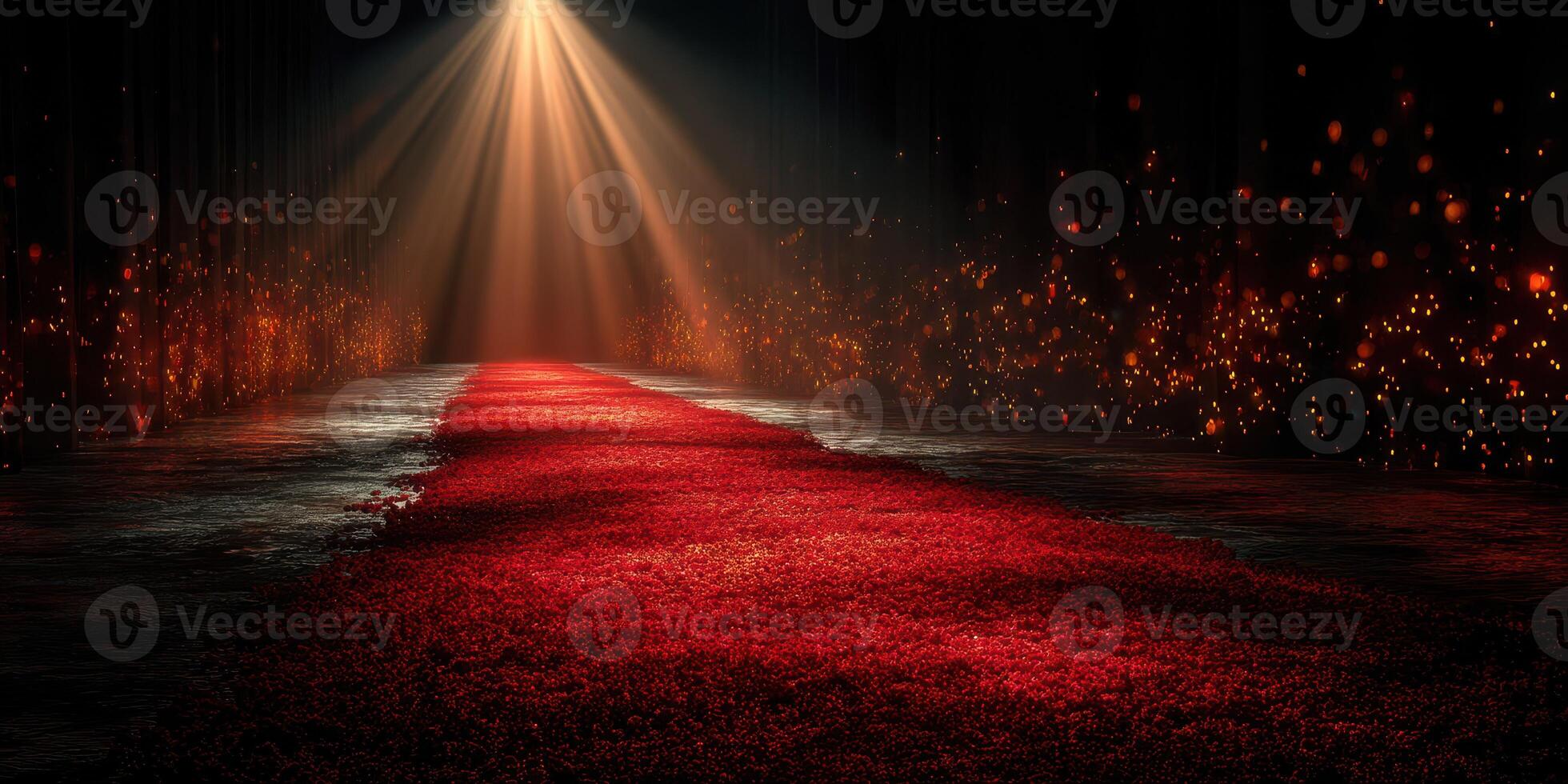 Red carpet leading to a spotlight in an elegant venue during a glamorous event at night photo
