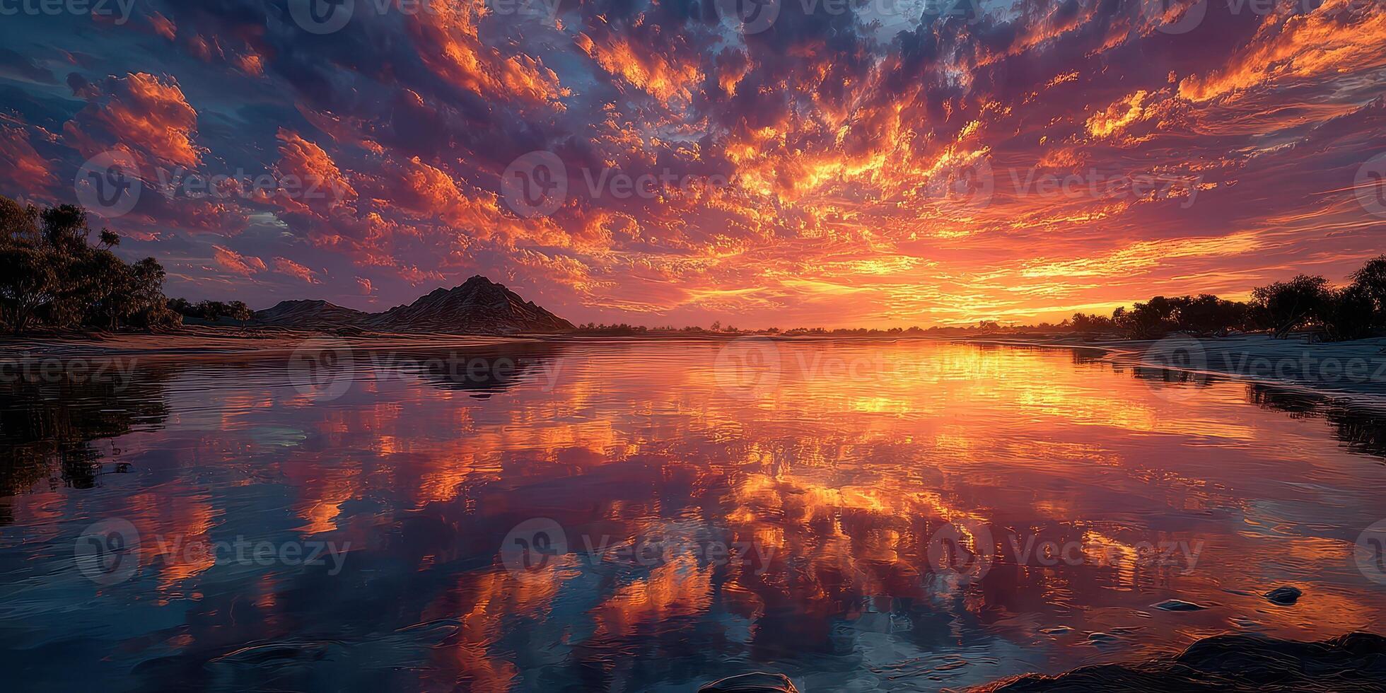 Vibrant sunset reflecting on calm water near mountains in a serene landscape photo
