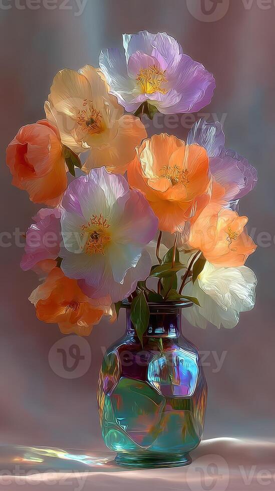 Beautiful bouquet of pastel-colored flowers in a vibrant glass vase on a soft background photo