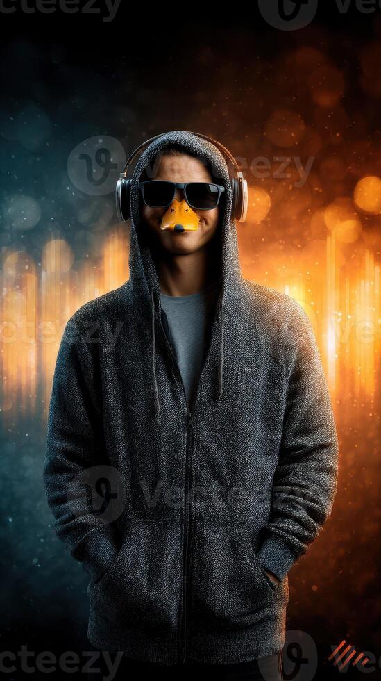 Unique urban character stands out with duck mask and headphones against vibrant background photo