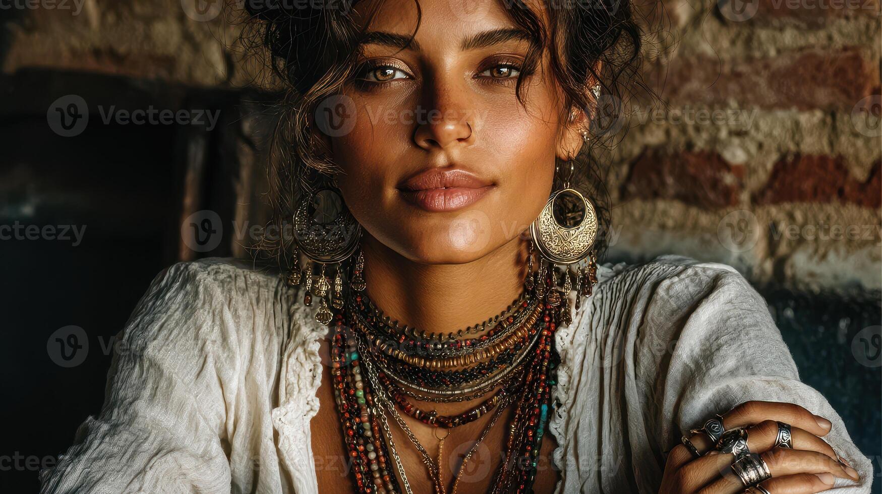Young woman poses with intricate jewelry in a rustic setting during the golden hour photo