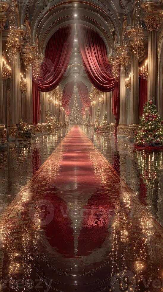 Elegant hallway adorned with festive decorations and shimmering reflections during a holiday celebration photo