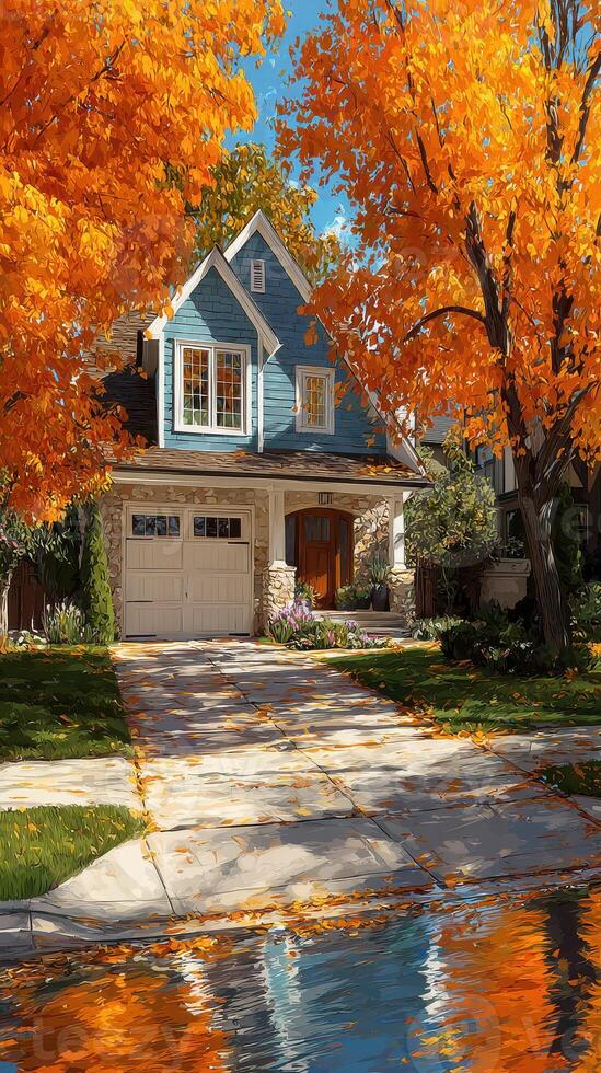 Beautiful autumn foliage surrounding a charming suburban home during a sunny afternoon photo