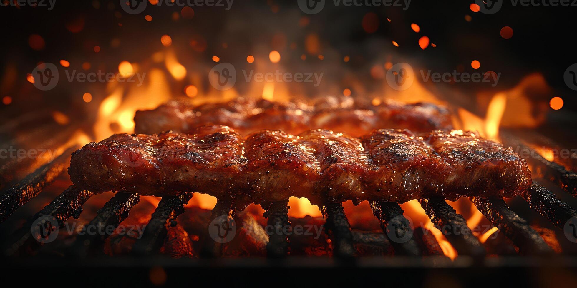 Juicy meat sizzling on a grill with flames and sparks in a backyard barbecue setting during the evening photo