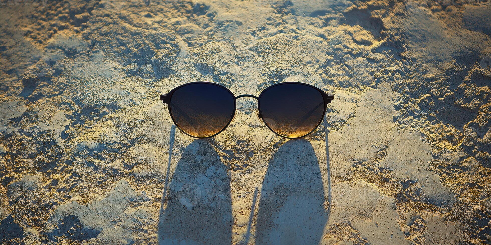 Sunglasses resting on a textured surface at sunset casting long shadows in a serene outdoor setting photo
