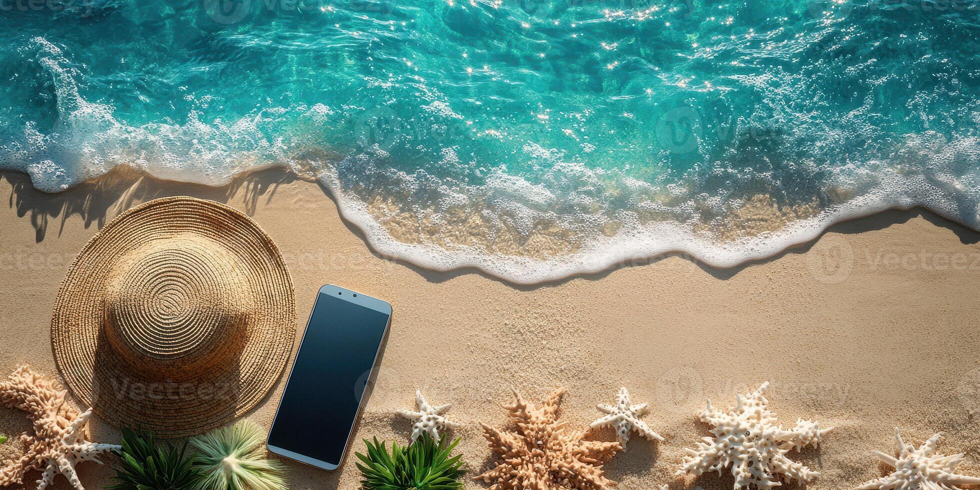 Relaxation at the beach with a smartphone, hat, and seashells at the shoreline during sunny weather photo