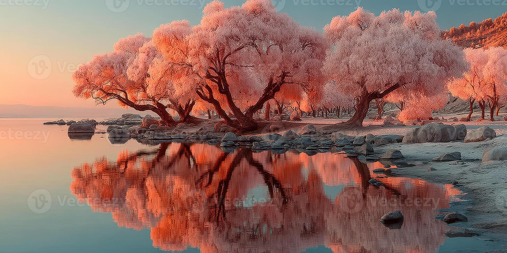 Stunning landscape featuring pink trees reflected in tranquil water during sunset in a serene natural setting photo