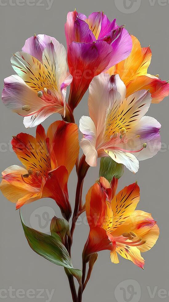 Colorful bouquet of alstroemeria flowers in vibrant hues arranged against a neutral background showcasing their beauty photo