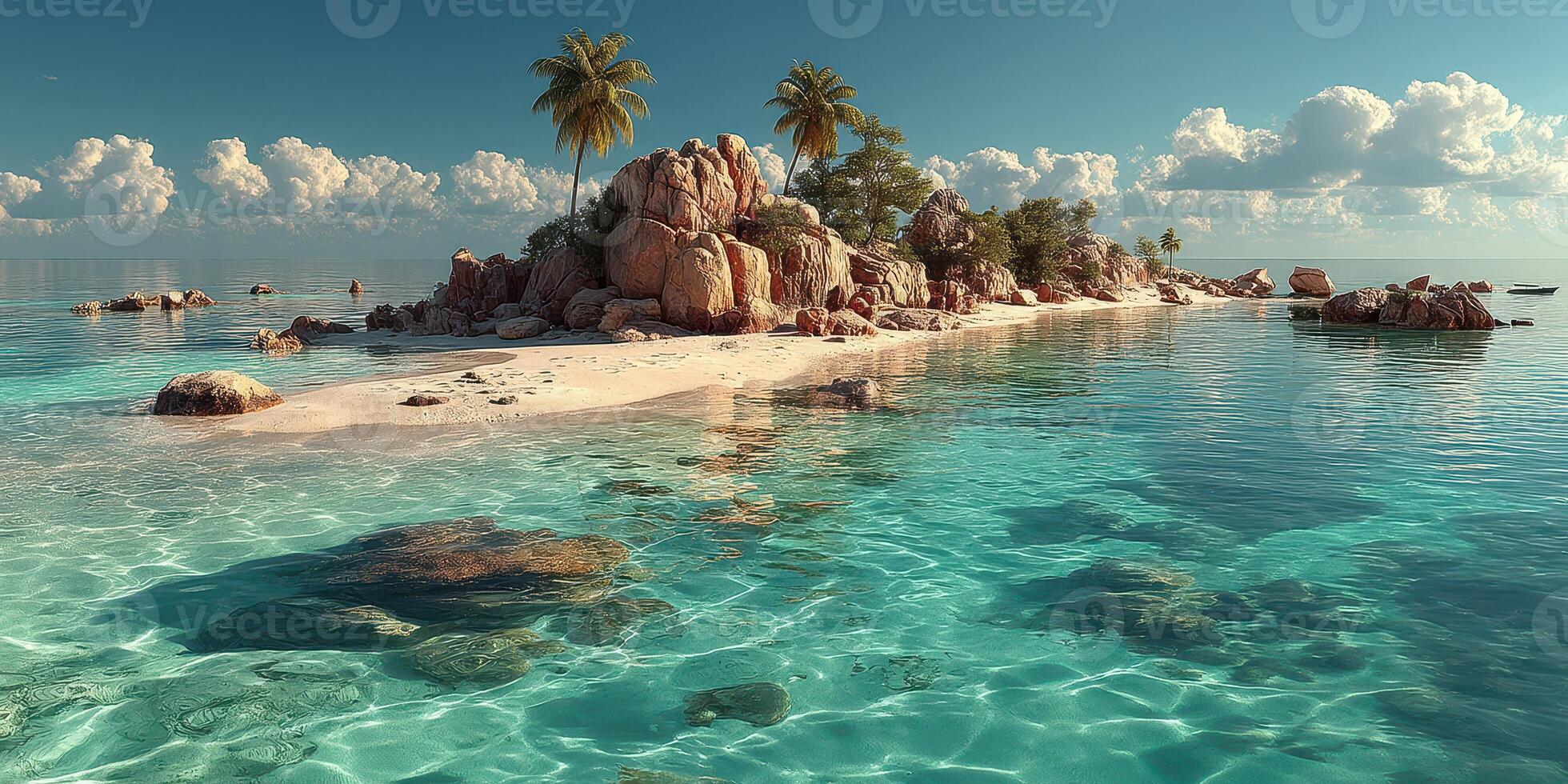 Beautiful tropical island with clear turquoise water and lush palm trees on a sunny day in paradise photo